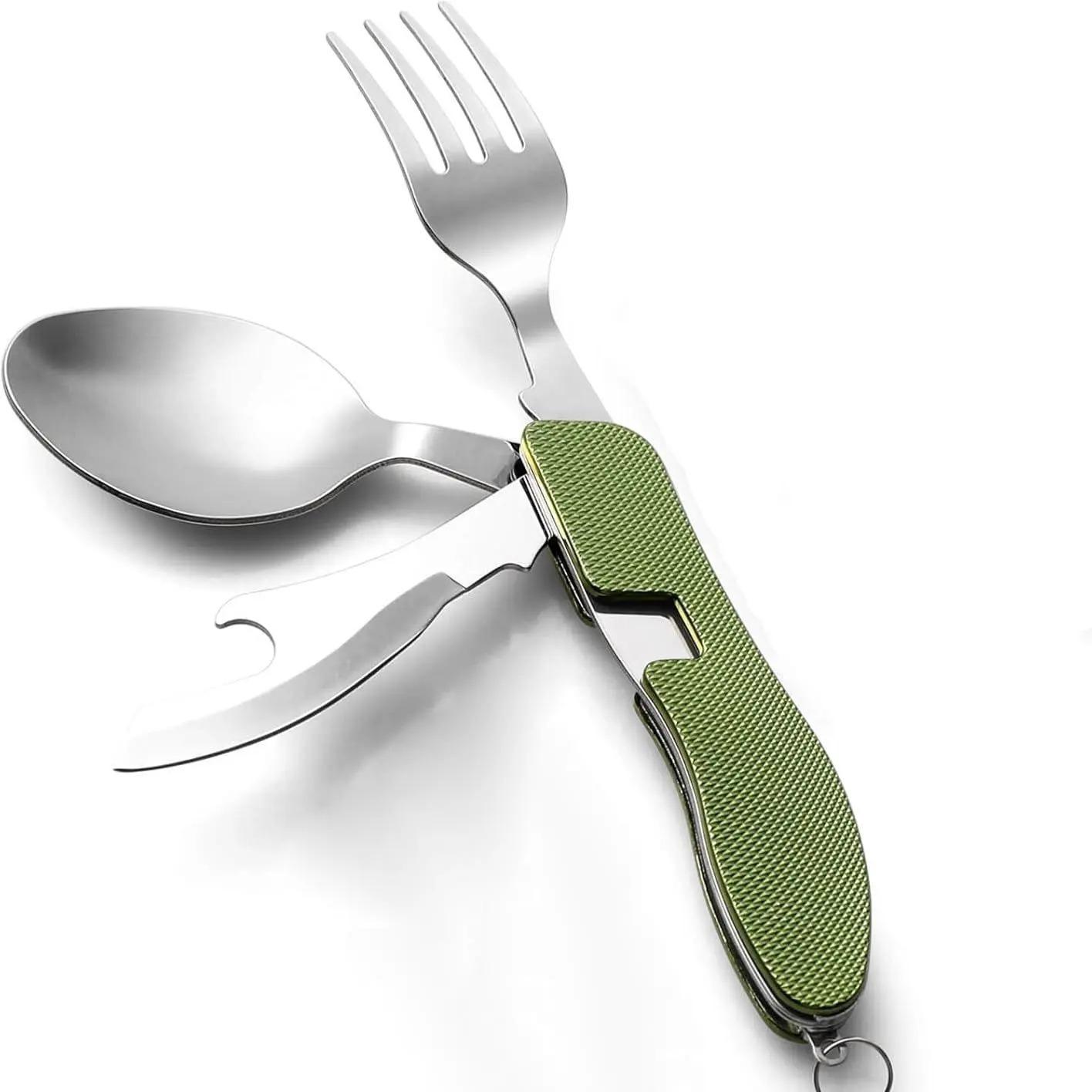 4-in-1 Portable Cutlery Set Stainless Steel Folding Utensils with Fork Spoon Knife Bottle Opener, Compact Travel Camping Silverware, Lightweight Reusable Outdoor Gear for Hiking Picnic Everyday Use