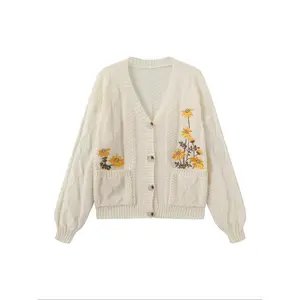 Women’s floral-embroidered button-front cardigan, casual long-sleeve autumn knitwear, fashionable everyday women’s knitwear