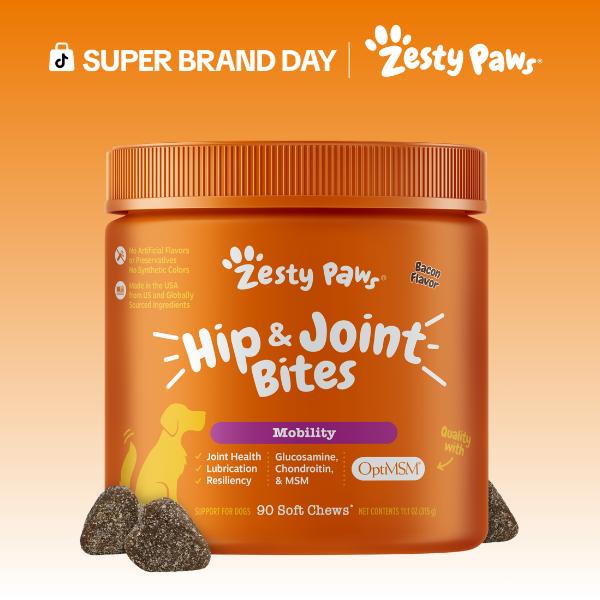 Zesty Paws Hip & Joint Mobility Bites for Dogs Natural Joint Health Supplements with OptiMSM Glucosamine & Chondroitin Sulfate 90 Soft Chews