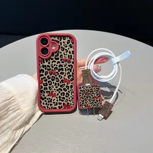 5 Piece Set Leopard Print Phone Case, Charger Head Cover, Cable Protector, Storage Rope, Anti-Drop Tpu Shell for iPhone Models