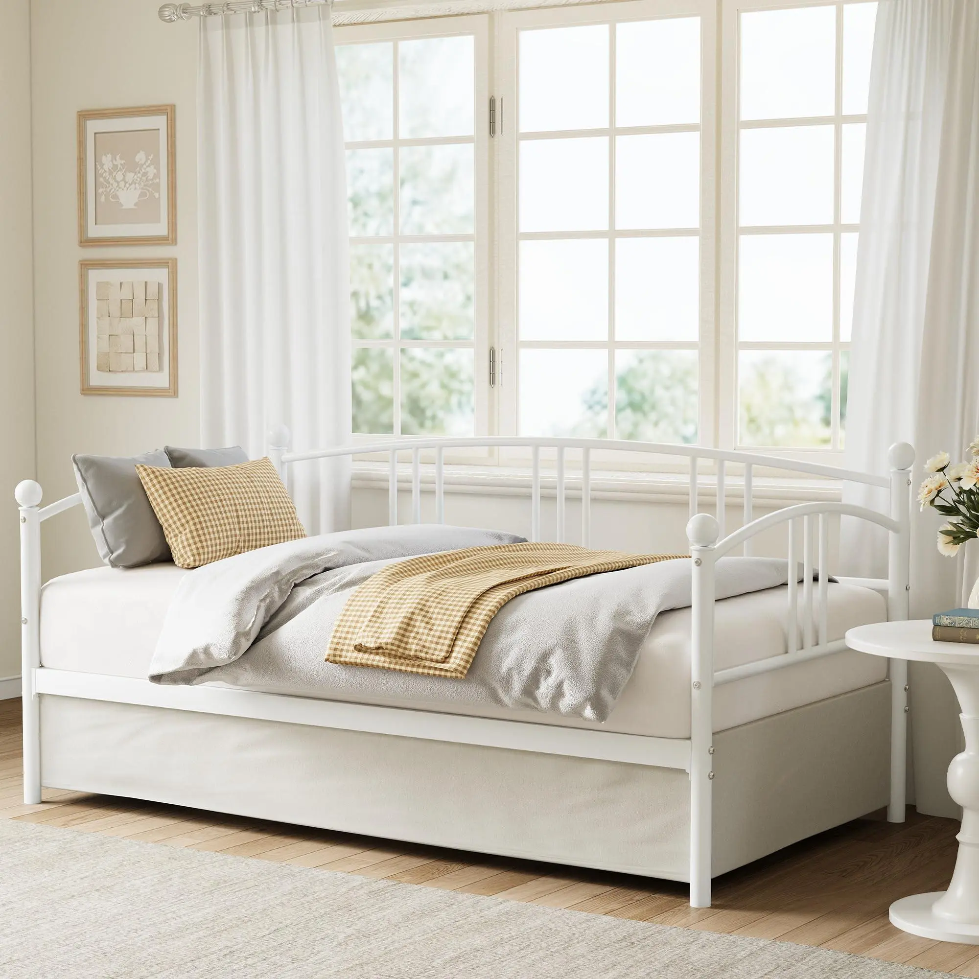 Twin Metal Daybed - Sturdy Steel Slat Support, Elegant Arched Headboard, Space-Saving Sofa Bed for Bedroom, Guest Space, Easy Setup (White-Without Trundle), Versatile Twin Daybed