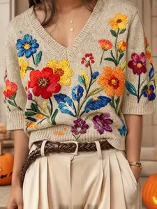 Women's Floral Rose Print V Neck Knitwear Sweater, Breathable Elegant Fashion Retro Pattern, Soft Short Sleeve Top, Spring Fall Casual Wear