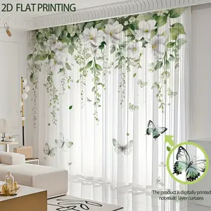 2 elegant floral butterfly print tulle curtains, lovely leaf mesh vine curtains, exquisite translucent window curtains for living room and bedroom balcony doors