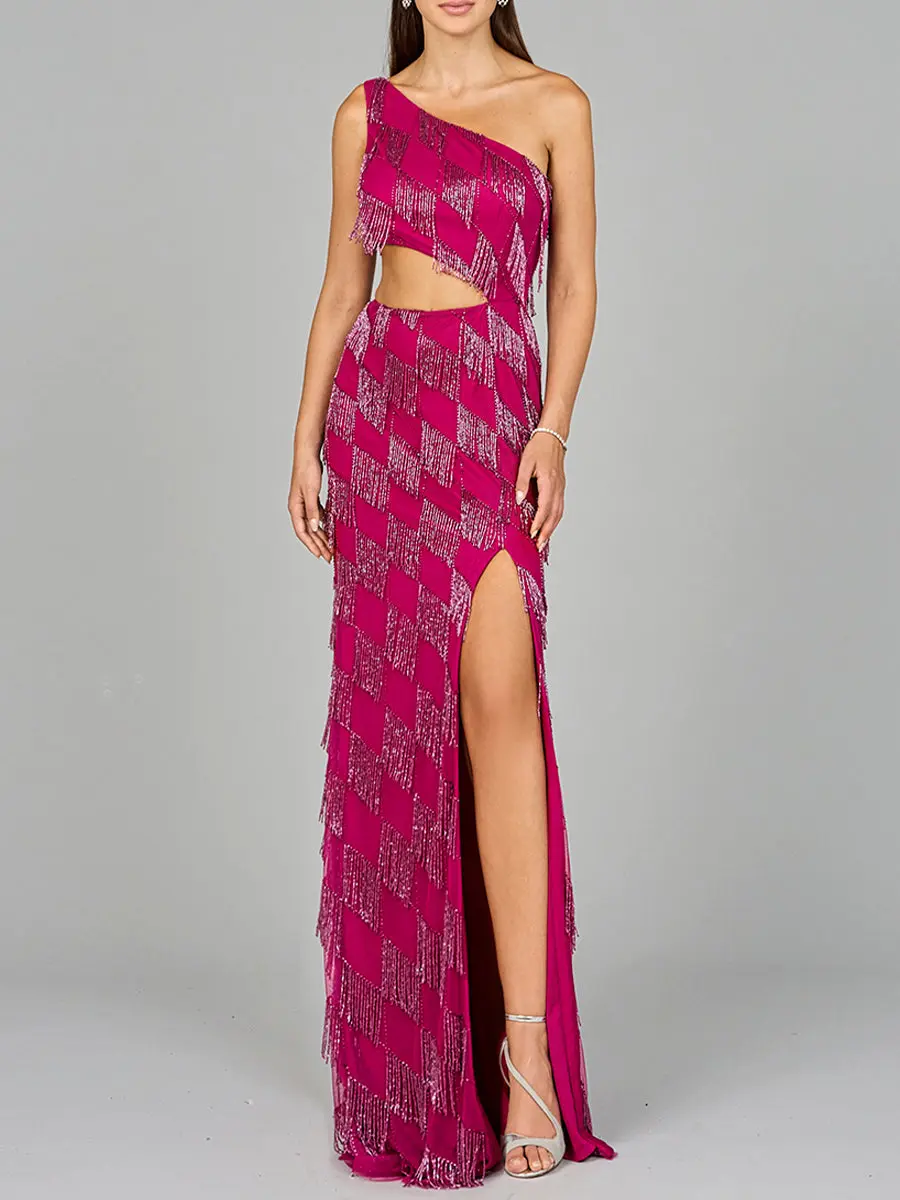 One Shoulder Fringe Gown