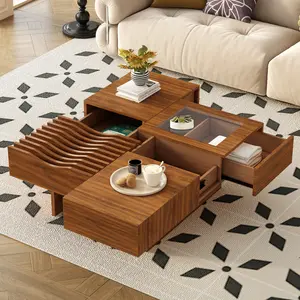 Coffee Table, Century Extendable Coffee Table with 3 Drawers & Tempered Glass, Square Center Cocktail Table with Sliding Tabletop for Living Room, 33"x 33" (Brown)