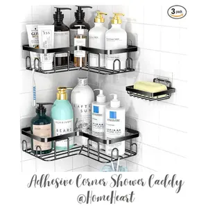 Self-Adhesive Wall-Mounted Shower Caddy Corner Adhesive Shower Caddy with Soap Holder & 12 Hooks Rustproof Stainless Steel Bathroom Organizer No Drill Wall-Mounted Rack 2-Piece-Black
