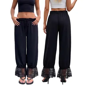 Women Lace Trim Long Bloomer Elastic Waist Ruffle Hem Cropped Pettipants Loose Comfy Capri Lounge Pantaloons