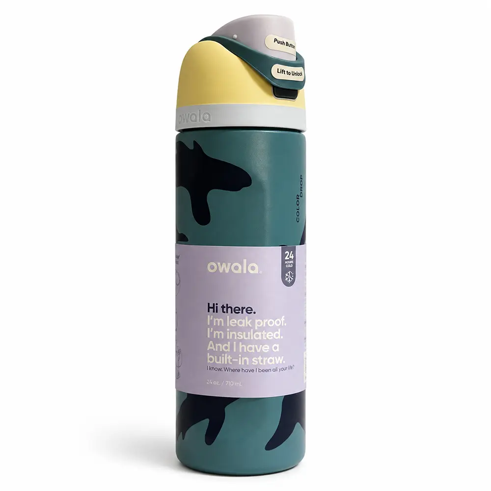 Owala “Fin Frenzy” 24oz FreeSip Stainless Steel Water Bottle – Shark Print Insulated Bottle with Built-In Straw