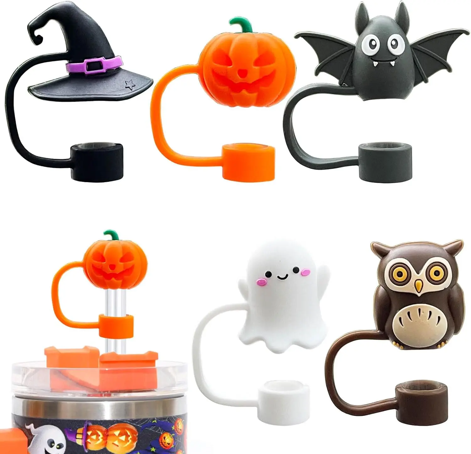 5PCS Halloween Straw Cover Cap for Cup, Silicone Straw Topper 30&40 Oz Cup with Handle, 10mm 0.4in Dust-Proof Reusable Straw Tips Lids for Halloween Gifts