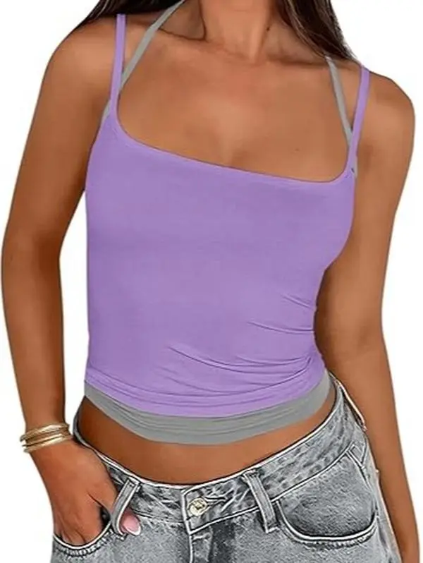 Yousify Women’s Yoga-Inspired Tank Top - Athletic Top with Crossed Double Spaghetti Straps, High-Rise Fitted Stretchy Built-in Support Activewear for Fitness, Casual Sporty Vest, Women's Clothes, Workout Tops