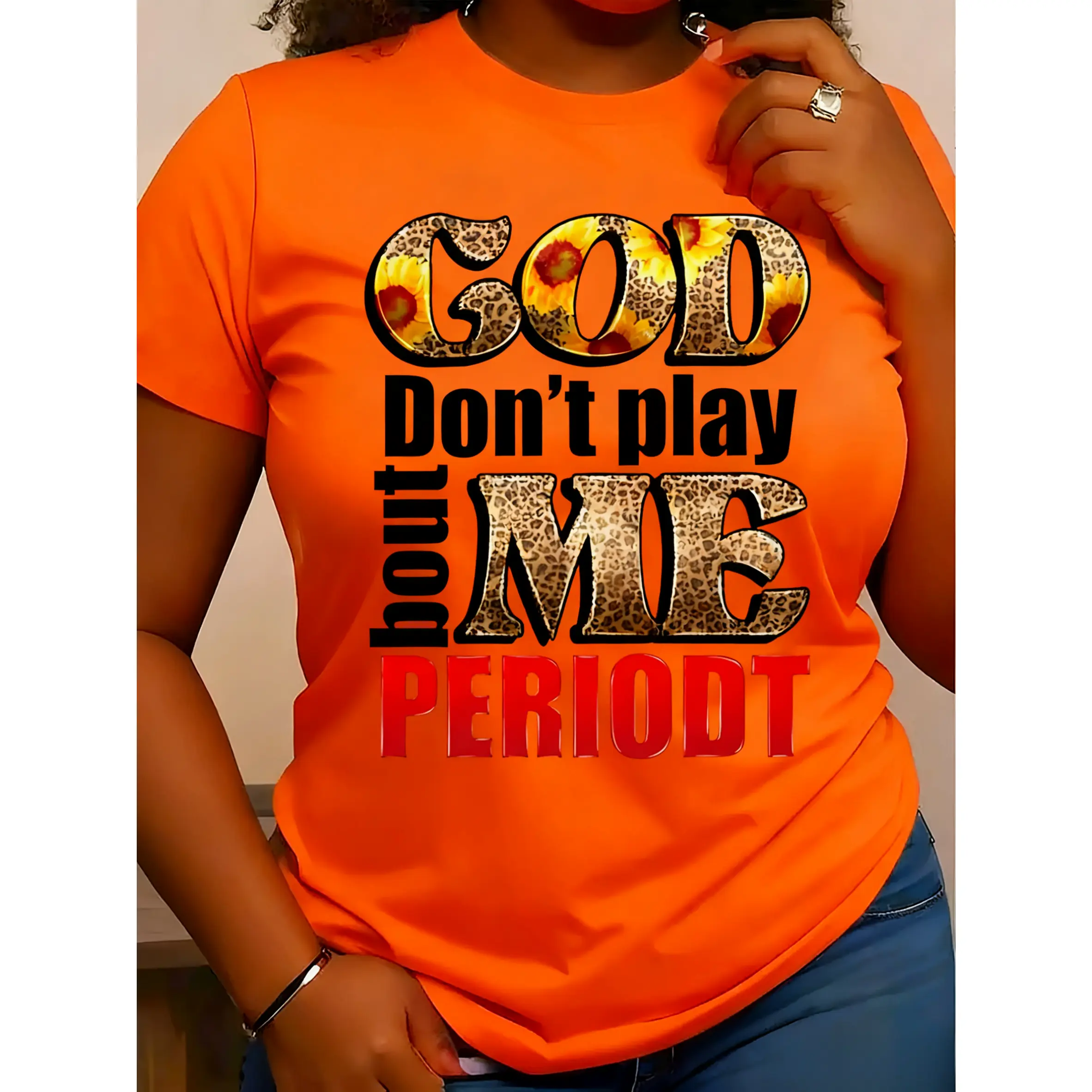 Women's Basic Cotton Short Sleeve Graphic T-Shirt - Bright Yellow, Leopard Print Embellishment, Bold "God Don't Play With Me" Letter Print, Round Neck, Soft Stretch Fabric, Good Fit, Machine Washable, All-Season Comfort