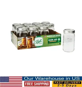 Ball Brand 32 oz Mason Jars Wide Mouth 12pk Quart Canning Jars with Lids and Rings Large Ball Jars for Fermented Vegetables Pickles and Whole Fruit Preserves American Made Food Storage Jar
