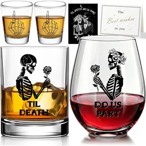 Till Death Do  Part 4- Couple's Glass Set -  &  Glasses with 2 Shot Glasses, Gothic Wedding & Anniversary Engagement  for Him Her Mr. Mrs Bride Groom