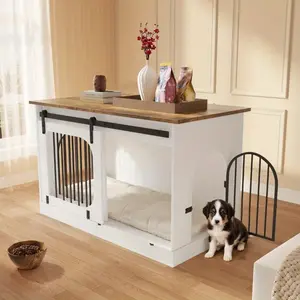 47.2" Dog Crate Furniture, Indoor Heavy Duty Dog Crate for Small & Medium Dogs Dogs, Wooden Dog Kennel with Soft Cushion, Dog Cage End Table with 3 Doors, Side Table, TV Cabinet, White