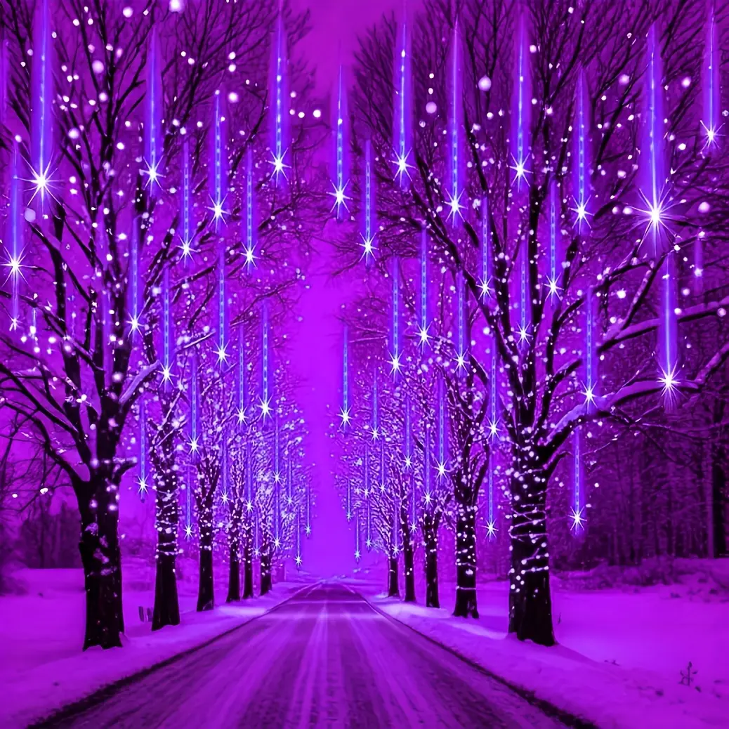 Christmas meteor shower lights IP44, 200 LED string lights, rain-drop waterfall effect lighting, suitable for courtyards, gardens, parties, roof decoration, weddings, Ramadan, Christmas tree decoration, and Halloween outdoor decorations.