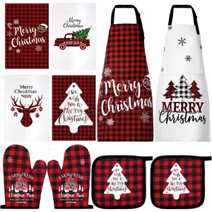 10 Pcs Christmas Kitchen Towels Oven Mitt and Pot Holder Apron Set Tree Cotton Set Mitten Gloves Potholders Aprons Towels for Kitchen Cooking(Red and Black,Plaid)