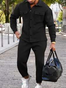 Two-piece men's solid color casual suit, with a button-down collar shirt, single-row button chest pocket, ankle-length pants for warmth drawstring waist, street leisure and workwear elements, suitable for daily outings, casual gatherings, etc. men's suit.