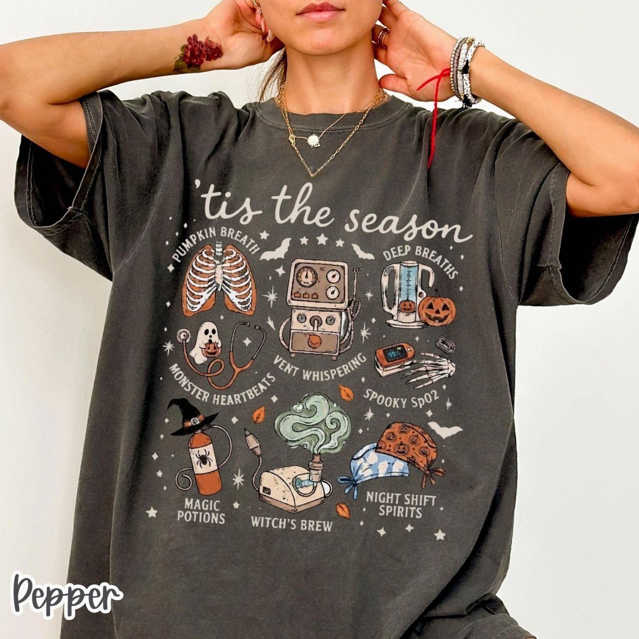 Comfort Colors Tis The Season Respiratory Therapist Halloween T-Shirt, RT Therapy Nurse Graphic Tee, Pulmonologist Lung Squad Shirt, Spooky Season Hospital Crew Costume Apparel, Cute Fall Medical Worker Halloween Gift for Women & Men