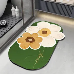 Olive Green Diatomaceous Mud Bath Mat, Aesthetic Retro Impasto Oil Paint Style Flower Decor, Super Absorbent Quick-Dry Non-Slip Rubber Bathroom Rug, Room Accessories