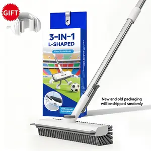 3-in-1 Heavy-Duty Floor Squeegee Broom Brush - Home Care Supplies with 49" Telescoping Long Handle, Stiff Bristles, Rotating Head, Multi-Surface Cleaner, Magic Eraser Mop Roll (Orange-Gray, White)