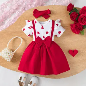 Ready Stock 6m-3y Baby Girls Summer Dress Set Heart Print Patchwork Bow Ruffle Short Sleeve Dress with Headband 2Pcs For Valentine's Day 12504056