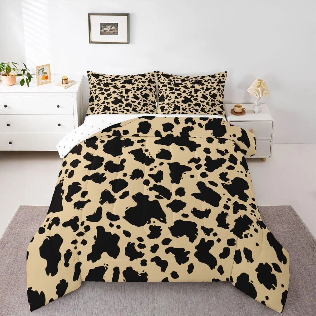 Cow Print Comforter Set Cartoon Milk Cow Bedding Set for Kids Boys Girls Black Brown Duvet Quilt Leopard Bedroom Decor Microfiber