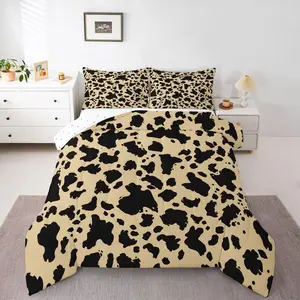 Cow Print Comforter Set Cartoon Milk Cow Bedding Set for Kids Boys Girls Black Brown Duvet Quilt Leopard Bedroom Decor Microfiber