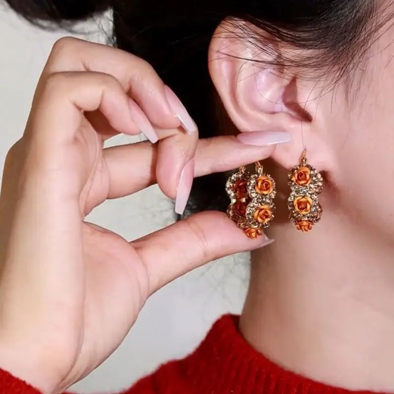 Women's Artificial Gemstone Drop Earrings - Purple & Red Rose Motif, Flowers Art Design, Sparkling Detail, Trendy Female Jewelry Accessories AE50213-EH