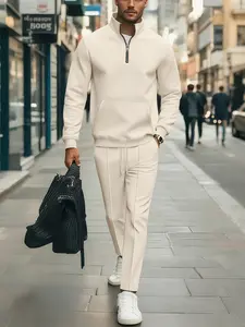 Men's Spring & Fall New Half-Zip Stand Collar Sweatshirt + Drawstring Long Pants Set, Lightweight Business Casual