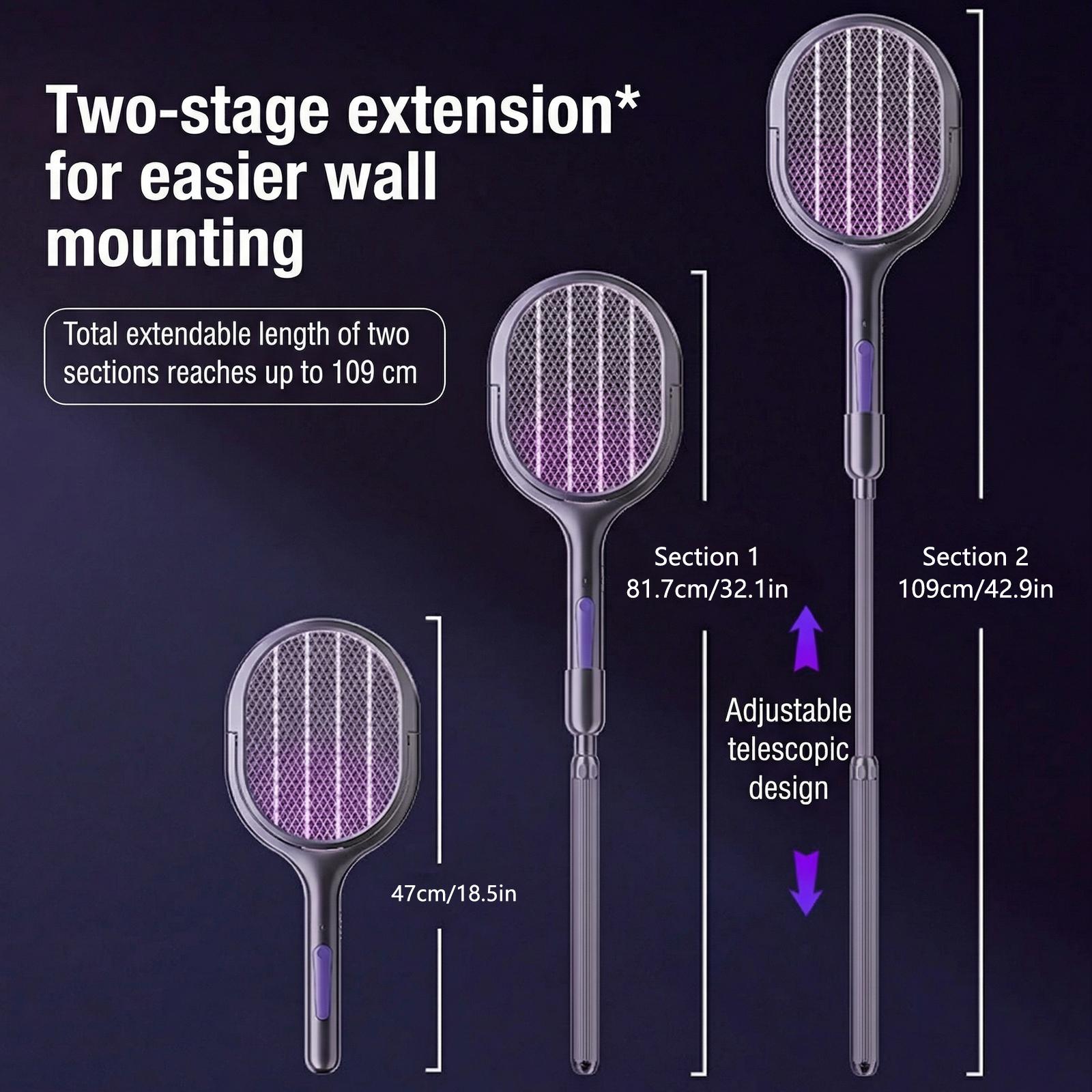 New Arrival Retractable Extended Electric Fly Swatter Racket USB Rechargeable Mosquito Zapper Lamp For Home Bedroom Outdoor Powerful Insect Killer