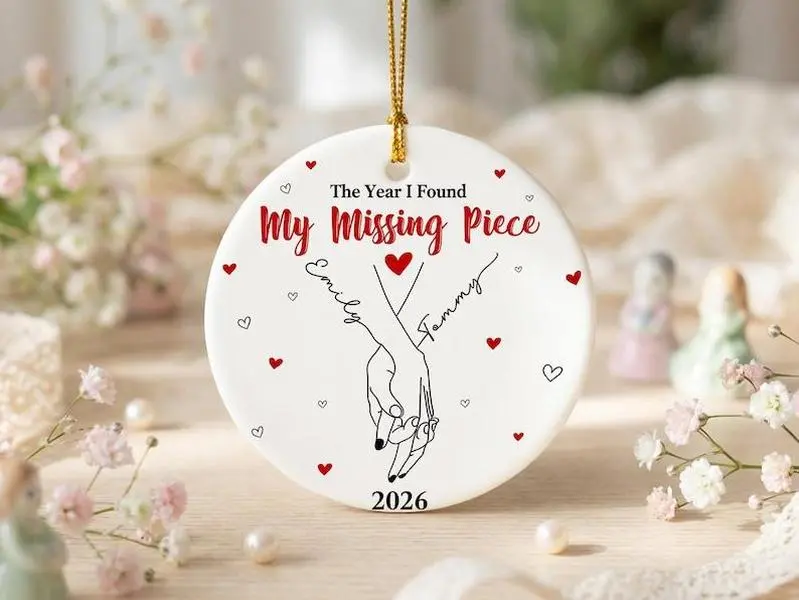 Custom Name Personalized Couple Ceramic Ornament, My Missing Piece Hand Holding Design, Custom Names & Year Valentine’s Gift for Boyfriend or Girlfriend
