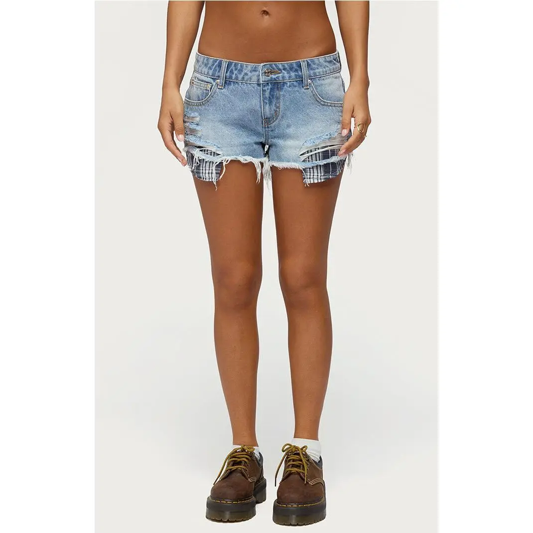 Edikted Women's Catrine Plaid Pocket Denim Shorts