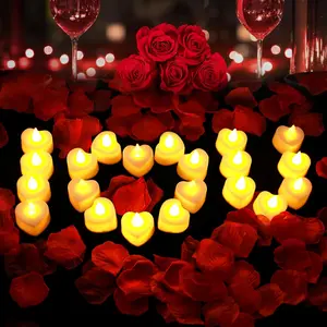 Romantic Night Decor Set 2000 Silk Rose Petals & 24 Heart-Shaped LED Candles for Valentine's Day Wedding Anniversary Table Décor