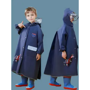 Boys Girls Navy Blue Geometric Pattern EVA Rainproof Full Body Cover Hooded Rain Poncho Jacket for Rainy Days & Seasons Raincoat