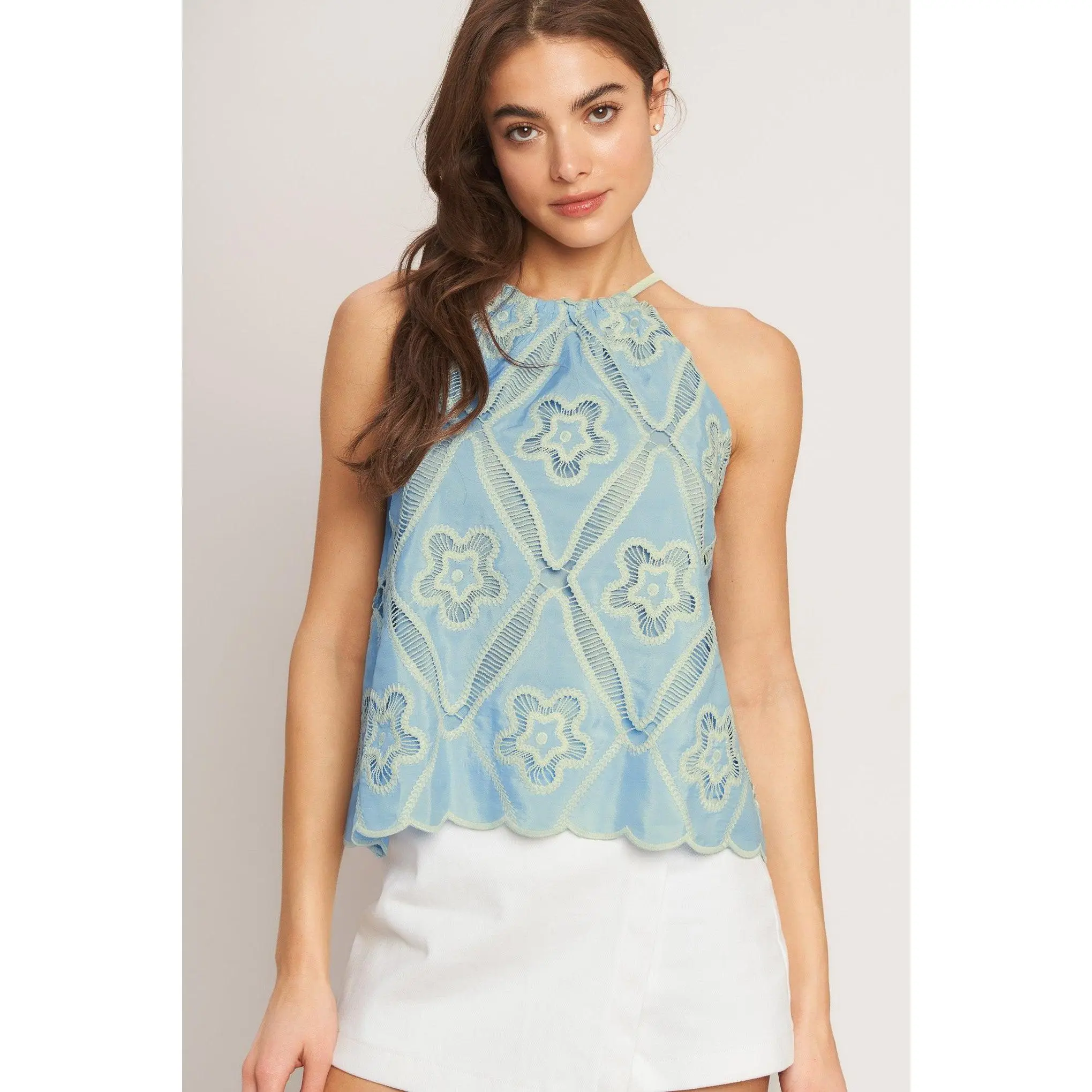 SKY LACE SUMMER HALTER WOVEN TOP