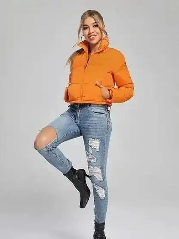 Sleek Super Cool Stand-up Collar Puffer Cropped Jacket Womenswear Cardigan Cotton fall sweater cozy outerwear elegant coat, layering essential, transitional piece, polished outerwear