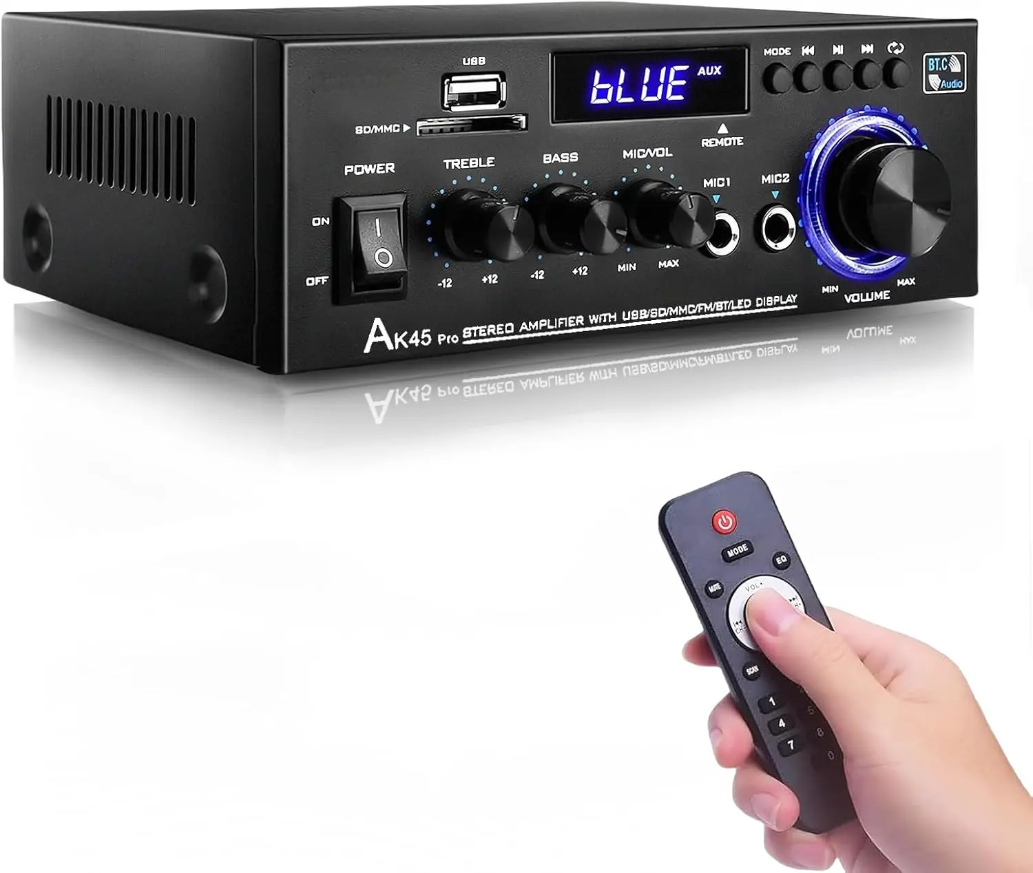 AK45 Pro Stereo Amplifier Home Audio, Stereo Receivers with Bluetooth 5.0,Max 400W, 2.0 Channel Audio Receiver for Home Theater Speakers w/USB/SD/RCA/2 MIC in for Karaok