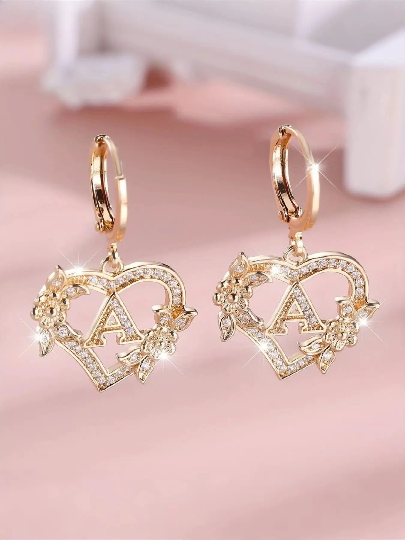 Heart Drop Hoop Earrings with Letter Engraving A-Z - Synthetic Cubic Zirconia Dangle Earrings - Copper Ear Needle, No Plating, Floral Design, Flower Earrings, for Women Over 15 Years Old, College Theme, Ear Hoops
