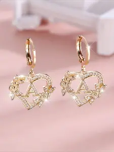 Heart Drop Hoop Earrings with Letter Engraving A-Z - Synthetic Cubic Zirconia Dangle Earrings - Copper Ear Needle, No Plating, Floral Design, Flower Earrings, for Women Over 15 Years Old, College Theme