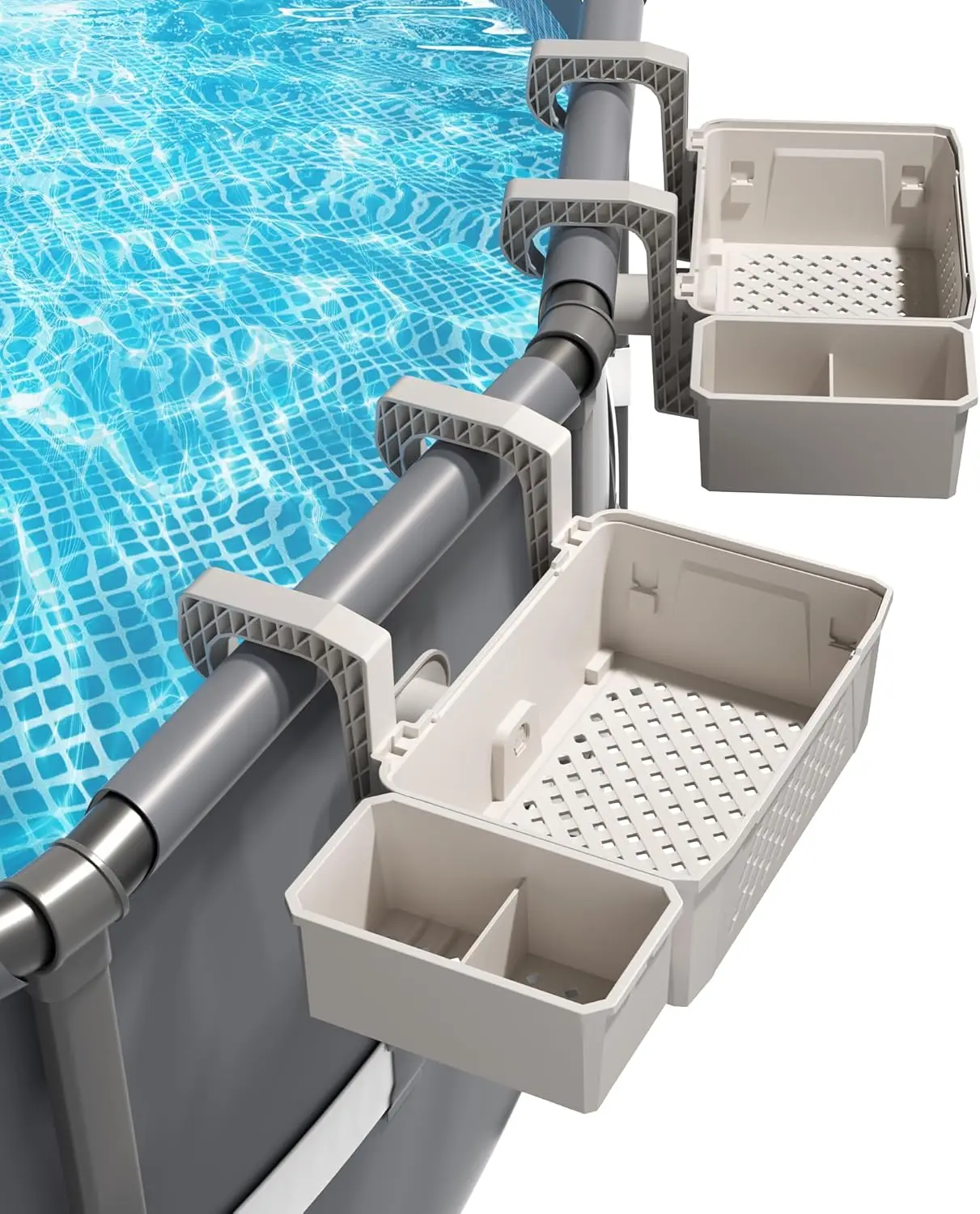 Grey Hollow Synthetic Plastic Baskets with Cup Holders (2 Sets) - Outdoor Multifunctional Waterproof Organizers and Storage, Fits 3-Inch or Less Above Ground Pool Top Rails