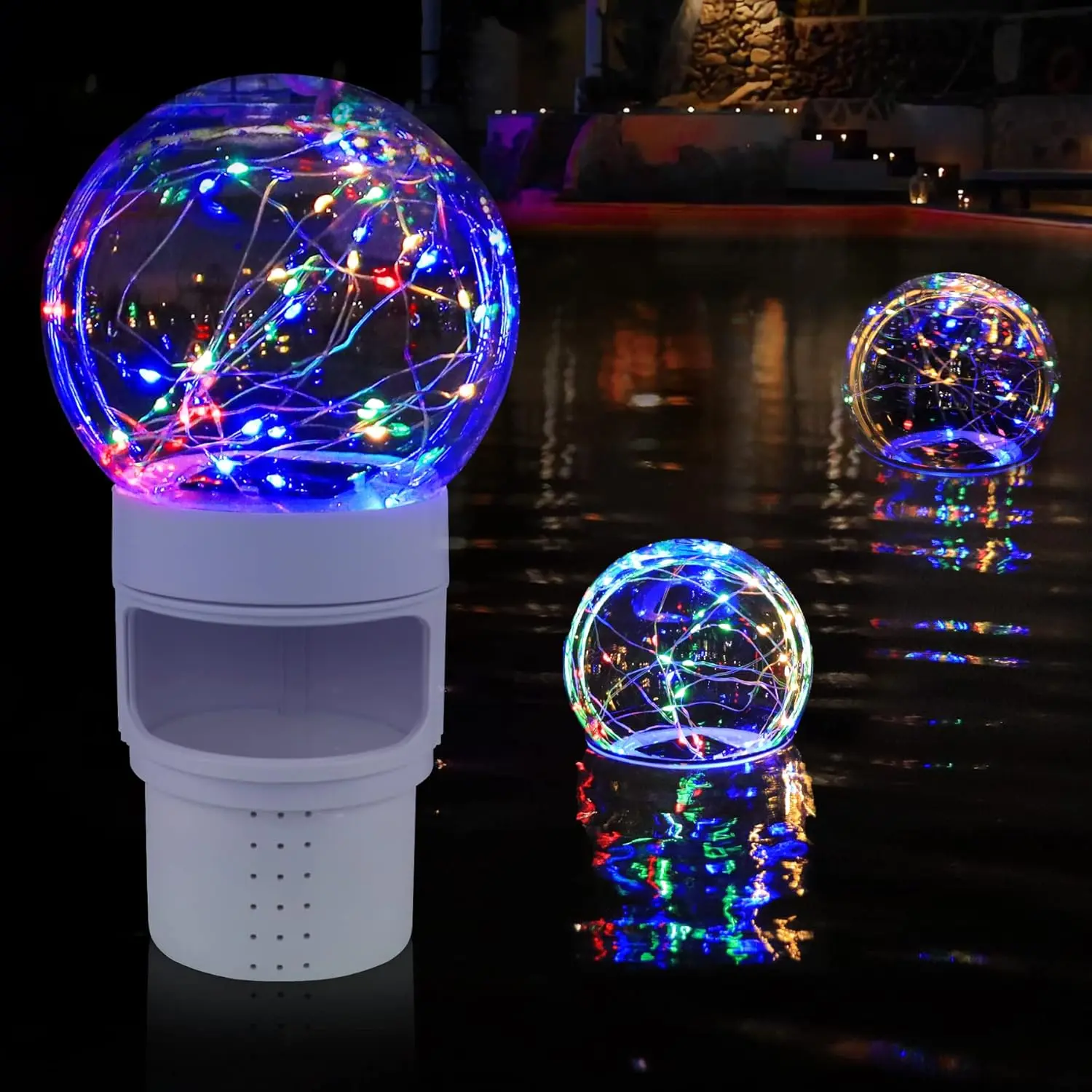 Pool Chlorine Floater with Colorful Solar Ball Lights, Floating Pool Chlorine Dispenser for 4x3" Chlorines Tablets, Easy Opening Chlorines Tablet Holder Floater, Anti-Sinking Spa Chemical Dispenser