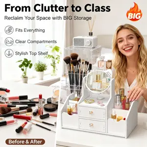 Cat-ear makeup mirror with drawer and storage space-cute white makeup organizer, desktop makeup mirror for girls-large mirror + shelf + drawer, perfect for skincare/ makeup, elegant princess makeup set, dorm decor, needs manual assembly