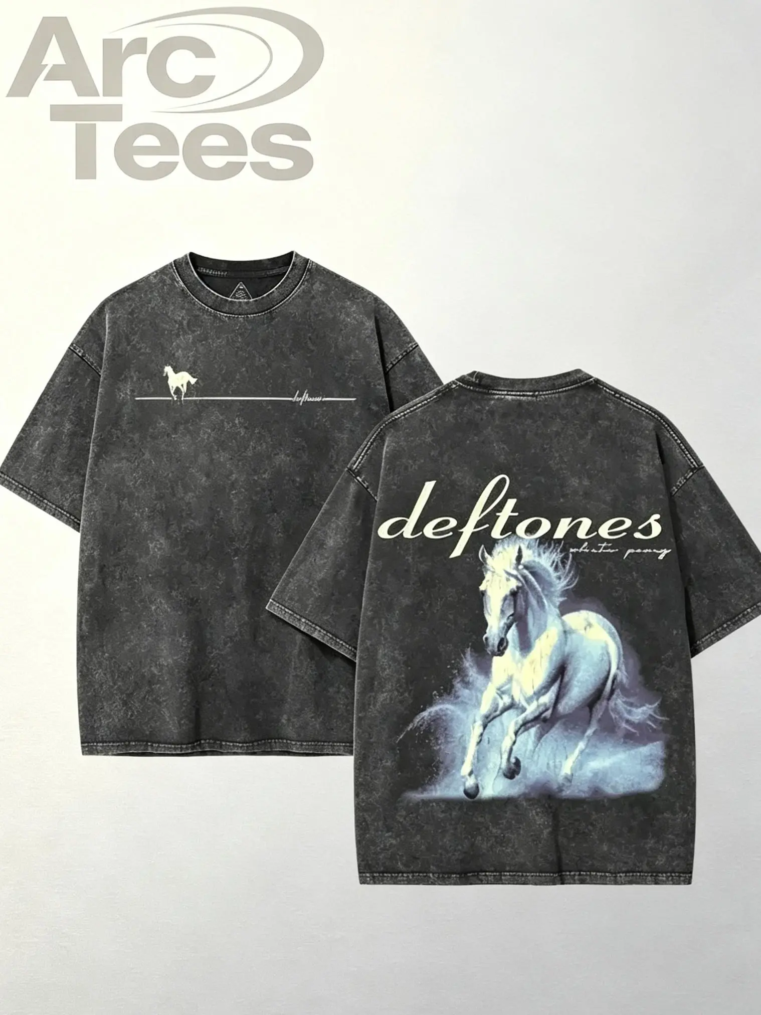 [ArcT] Retro Deftones Pony Logo T-Shirt-A washed, loose-fit, thick cotton short-sleeve T-shirt with a simple yet fun design; unisex alternative metal/grunge round-neck T-shirt, perfect for the gym, back to school outfit