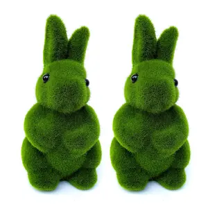 2Pcs Flocking Bunny Statue Artificial Moss Rabbit Figurine Decorative Artificial Grass Bunny Figure Cute Fake Green Moss Rabbit Decoration for Patio Garden Yard