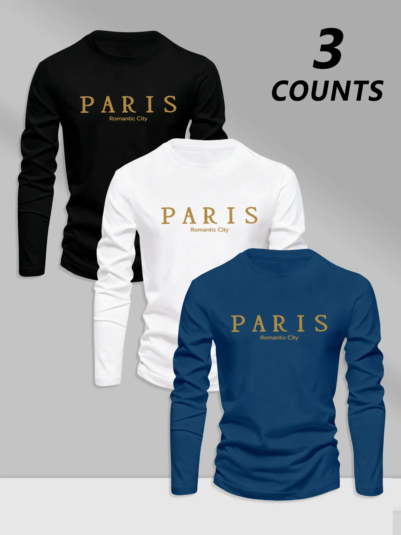 Men's Classic 3-Piece Set Letter Pattern Print Graphics Long Sleeve T-Shirt, Casual Fitted Bottom Layer, Spring & Fall Fashion Menswear