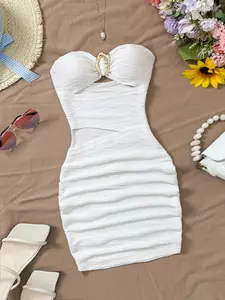 Summer Women's Sexy Slim Fit Bodycon Strapless Sleeveless Mini Dress with Metal Buckle, Fashion Simple Casual Date Party Versatile Wear