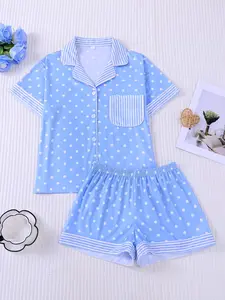 Women's 2-Piece Light Blue Polka Dot & Striped Pajama Set, Fresh Korean Style Aesthetic Loungewear with Striped Trim, Short Sleeve Lapel Top with Small Pocket & Elastic Waist Shorts, Soft Comfy All-Season Casual Sleepwear for Ladies, Pjs