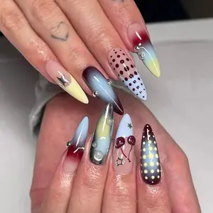 Y2K Freestyle Press On Nails | Ombre Gradient Polka Dot Cherry Nail Art | Long Stiletto Reusable Nails
