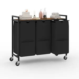 Laundry Sorter with Wheels & 100lb Top Shelf, Rolling 3 Section Removable Pull-Out Fabric Bags Hamper Basket, Sturdy Rustic Brown Black Iron Organizer for Room Organization