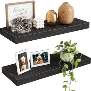 Wall-mounted floating shelves, 15.7inch wooden wall shelves, suitable for living room, bedroom, bathroom, and kitchen, used for storage, placing books, and decorating the room (black, set of 2)